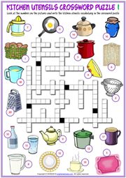 Kitchen Utensils ESL Crossword Puzzle Worksheets for Kids