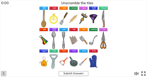 Kitchen Utensils ESL Interactive Unscramble Worksheet