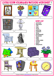 Living Room Objects ESL Matching Exercise Worksheets