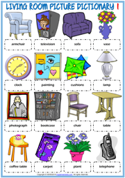 Living Room Objects ESL Picture Dictionary Worksheets