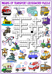 Means of Transport ESL Crossword Puzzle Worksheet for Kids