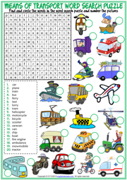Means of Transport ESL Word Search Puzzle Worksheet