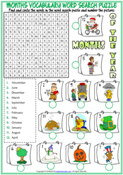 Months ESL Printable Word Search Puzzle Worksheet For Kids