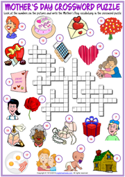 Mother's Day ESL Crossword Puzzle Worksheet for Kids