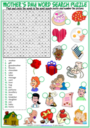 Mother's Day ESL Word Search Puzzle Worksheet