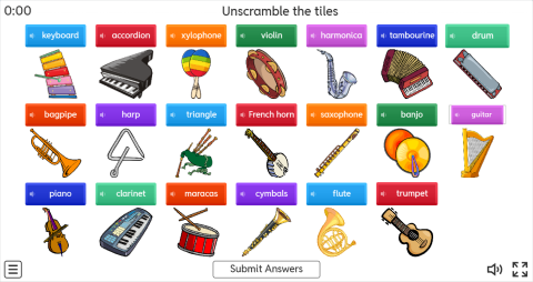 Musical Instruments Interactive Unscramble Worksheet