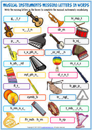 Musical Instruments ESL Missing Letters In Words Worksheet