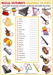 Musical Instruments ESL Unscramble the Words Worksheet