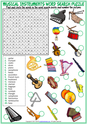Musical Instruments ESL Word Search Puzzle Worksheet