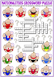 Nationalities ESL Crossword Puzzle Worksheet for Kids