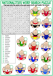 Nationalities ESL Word Search Puzzle Worksheet