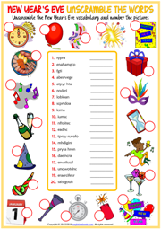 New Year's Eve ESL Unscramble the Words Worksheet