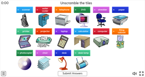 Office Objects ESL Interactive Unscramble Worksheet