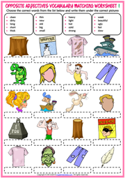 Opposite Adjectives ESL Printable Matching Exercise Worksheets