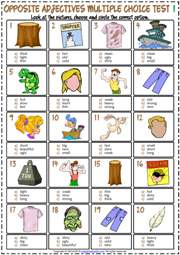 Opposite Adjectives ESL Printable Multiple Choice Tests For Kids
