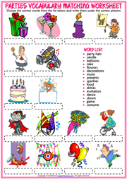 Parties ESL Vocabulary Matching Exercise Worksheet For Kids