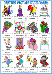 Parties Vocabulary ESL Printable Picture Dictionary Worksheet