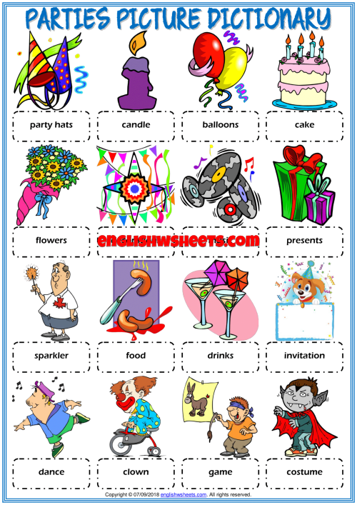 Parties Vocabulary Esl Printable Picture Dictionary Worksheet 