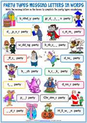 Party Types Missing Letters In Words Exercise Worksheet