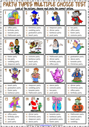 Party Types ESL Printable Multiple Choice Test For Kids