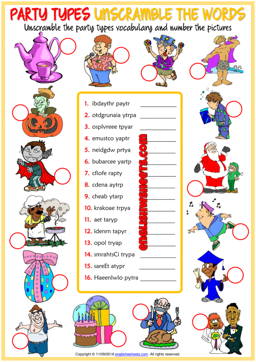 Party Types ESL Unscramble the Words Worksheet For Kids
