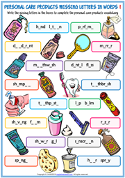 Personal Care Products Missing Letters In Words Worksheets