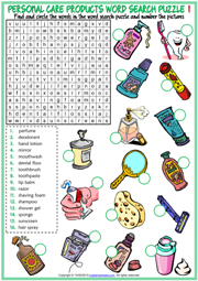 Personal Care Products ESL Word Search Puzzle Worksheets