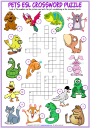 Pets ESL Printable Crossword Puzzle Worksheet for Kids