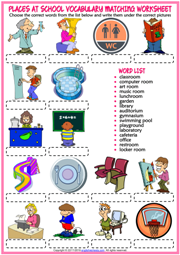 Places at School ESL Printable Matching Exercise Worksheet