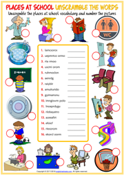 Places at School ESL Unscramble the Words Worksheet