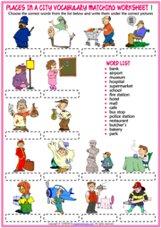 Places in a City ESL Printable Matching Exercise Worksheets