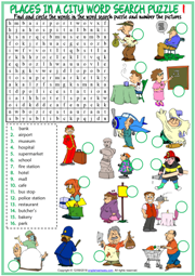 Places in a City ESL Word Search Puzzle Worksheets For Kids