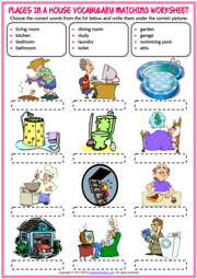 Places in a House ESL Printable Matching Exercise Worksheet