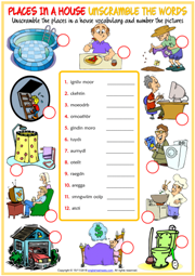 Places in a House ESL Unscramble the Words Worksheet