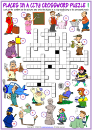 Places in a City ESL Crossword Puzzle Worksheets For Kids