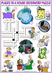 Places in a House ESL Printable Crossword Puzzle Worksheet