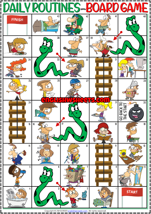 daily routines esl printable board game
