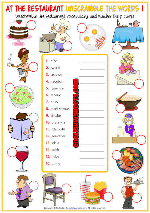 restaurant vocabulary esl unscramble the words worksheets