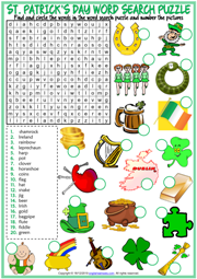 St. Patrick's Day ESL Word Search Puzzle Worksheet