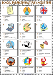 School Subjects ESL Printable Multiple Choice Test For Kids