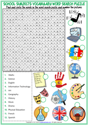 School Subjects ESL Printable Word Search Puzzle Worksheet