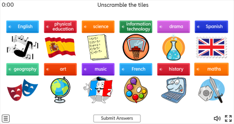 School Subjects ESL Interactive Unscramble Worksheet