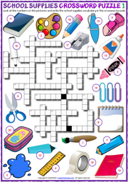 School Supplies ESL Crossword Puzzle Worksheets