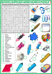 School Supplies ESL Word Search Puzzle Worksheets