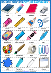 School Supplies ESL Vocabulary Worksheets