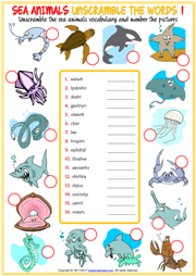 Sea Animals Unscramble the Words ESL Worksheets