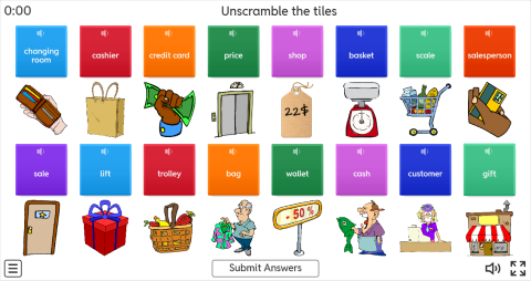 Shopping ESL Interactive Unscramble Worksheet