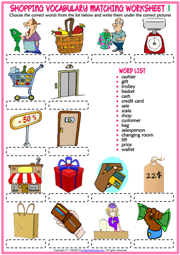 Shopping Vocabulary ESL Matching Exercise Worksheets