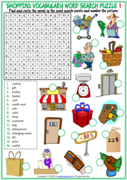 Shopping Vocabulary ESL Word Search Puzzle Worksheets