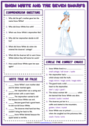 Snow White and the Seven Dwarfs ESL Reading Comprehension Questions Worksheet